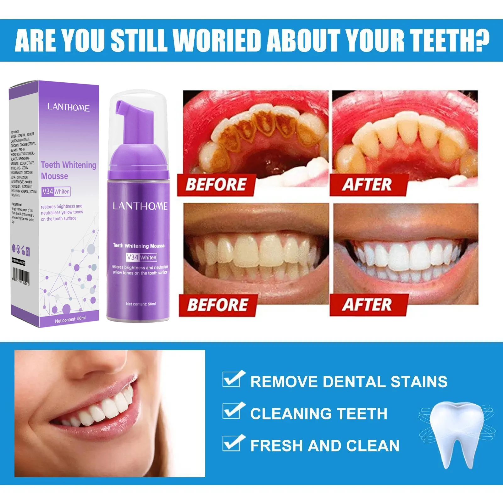 V34 معجون أسنان موس لتبييض الأ - مراجعة Teeth Whitening Mousse وسعره